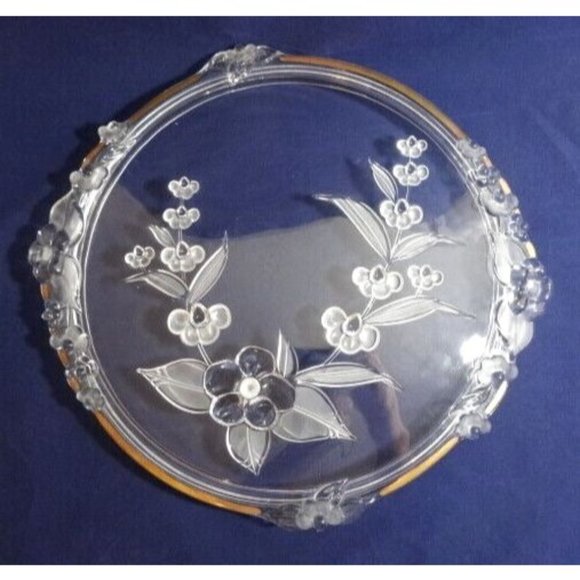 Vintage Mikasa Clear Serving Plate Cake Platter Frosted Floral Leaves Gold Edge - Picture 2 of 6